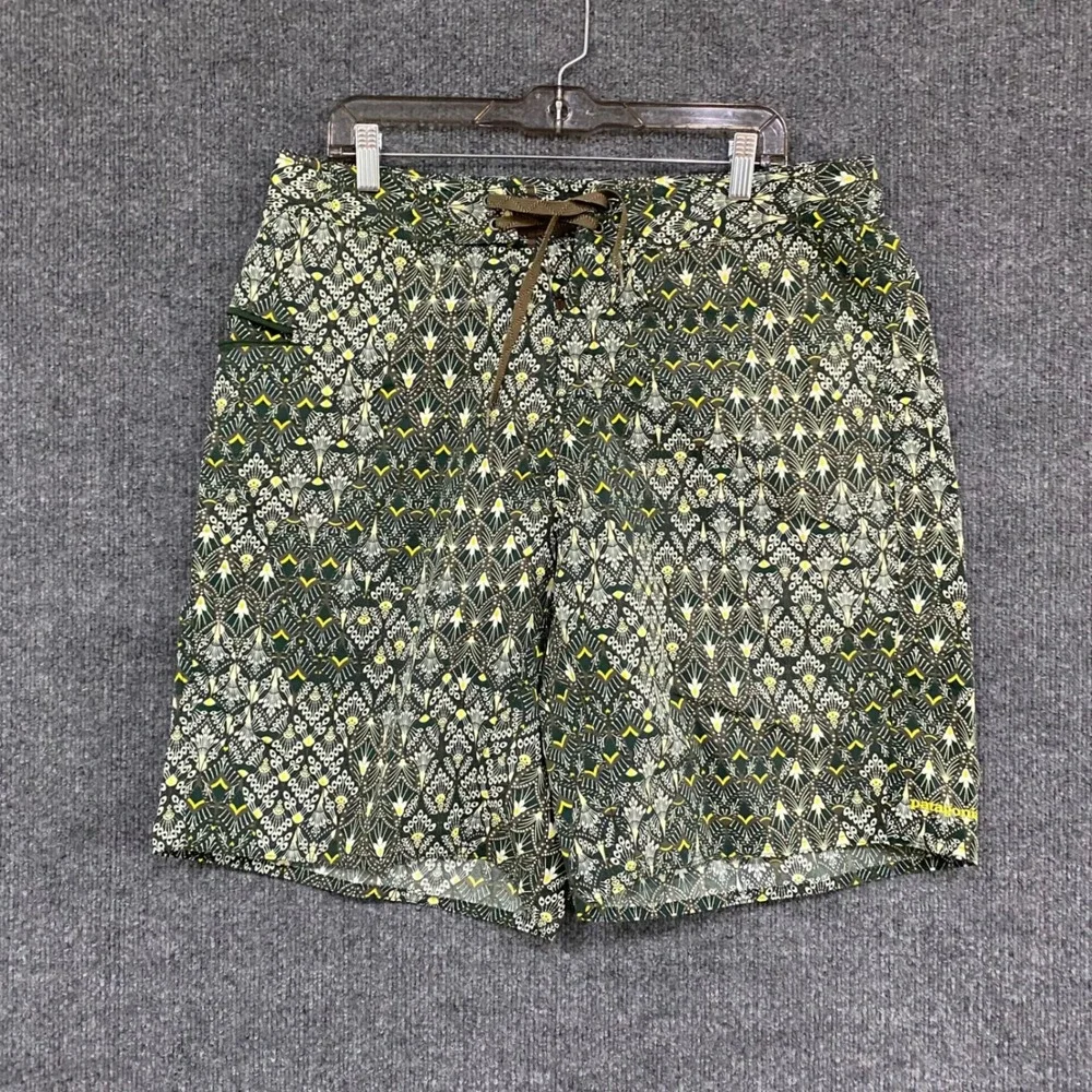 Patagonia Mens 36 Green Yellow Geometric Fan Print Board Shorts Swim Trunks
